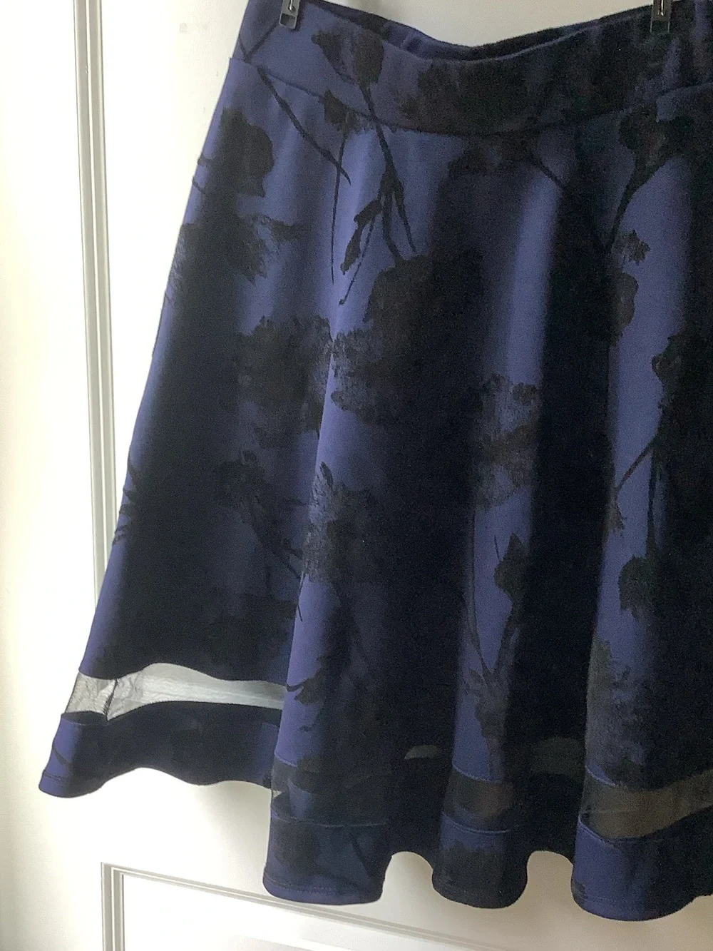 Faith and Joy Navy Blue A-Line Floral Skirt with Sheer Hem